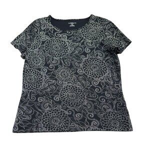 Croft & Barrow Womens Black Floral Pima Cotton Short Sleeve T-Shirt Size Medium